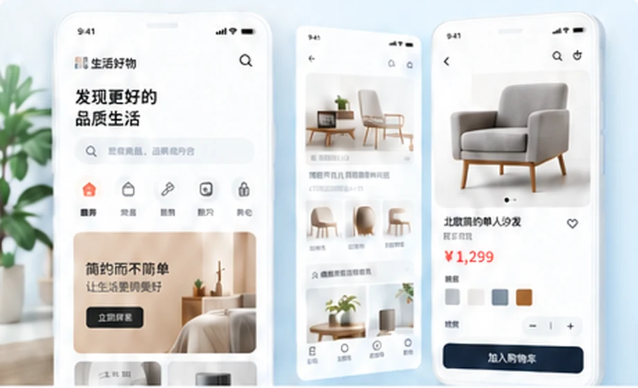品牌电商移动应用界面示意,包含商品浏览、商品详情与购物操作